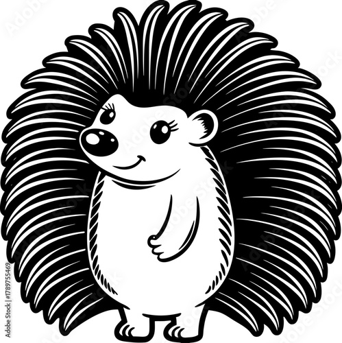 A cartoon illustration of a hedgehog, centered in the frame, is depicted in a simple, line-art style. The hedgehog faces the viewer and is presented in a side profile. Its body is light, while its spi