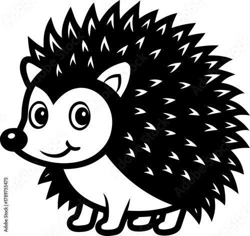 A cartoon illustration of a hedgehog, centered in the frame, is depicted in a simple, line-art style. The hedgehog faces the viewer and is presented in a side profile. Its body is light, while its spi