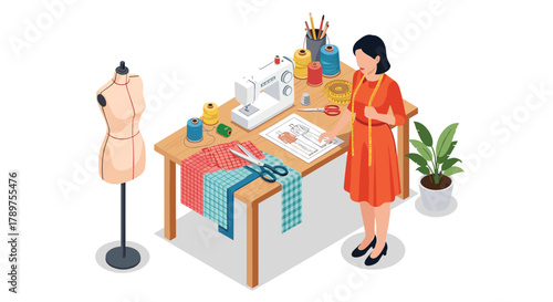 Creative fashion designer measuring fabric at a modern sewing station with mannequin and patterns, crafting stylish attire