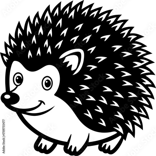 A cartoon illustration of a hedgehog, centered in the frame, is depicted in a simple, line-art style. The hedgehog faces the viewer and is presented in a side profile. Its body is light, while its spi