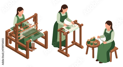 Skilled artisan demonstrates traditional textile creation with loom, embroidery, and sewing in authentic historical setting