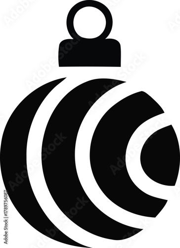 Stylized minimalist black Christmas ornament illustration with concentric white arc patterns, featuring a simple round hanger, perfect for holiday season designs, festive greetings, and winter celeb..