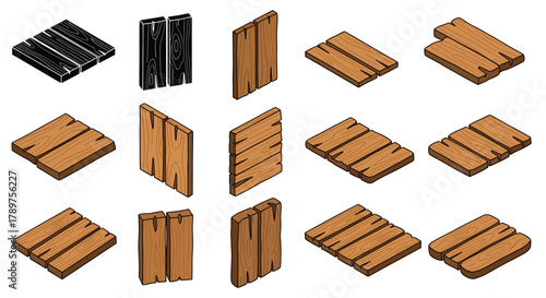 Dynamic collection of rustic wooden planks and floor sections, perfect for game assets, construction, or natural design projects