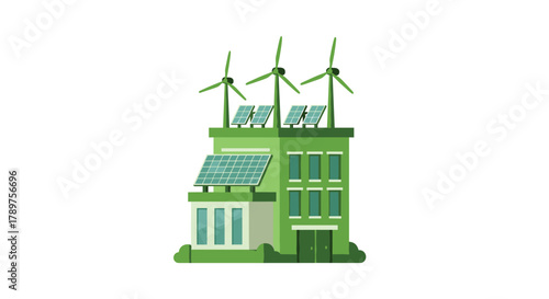 Vibrant green building showcases modern eco-friendly technology with solar panels and wind turbines powering sustainable energy solutions