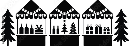 Christmas market stalls silhouette illustration with festive lights, gifts, christmas trees, and bottles, surrounded by pine trees, representing holiday shopping and seasonal celebrations