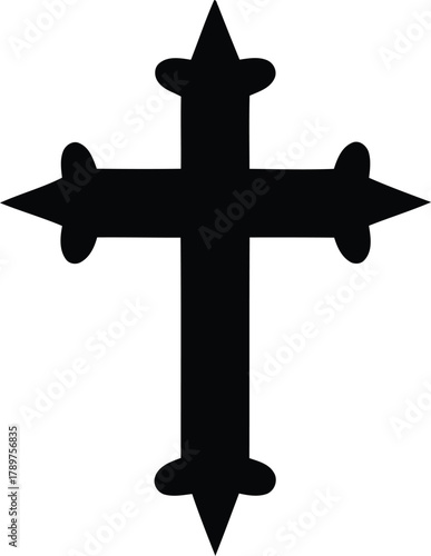 Stylized black Christian cross with decorative pointed ends and ornate details, representing faith, spirituality, and religious devotion. a versatile graphic element for church, memorial, and holy 