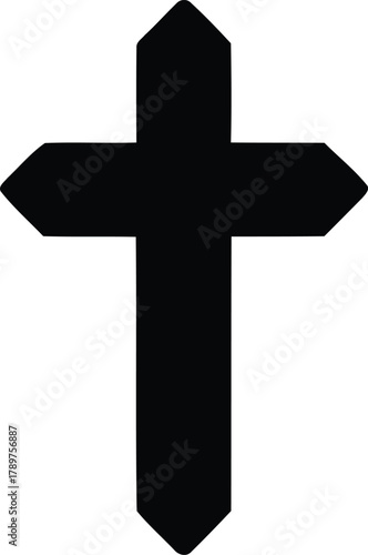 A black stylized Christian cross with pointed ends, a universal symbol of faith, spirituality, religion, and sacrifice, rendered as a bold and graphic silhouette on a clean background.
