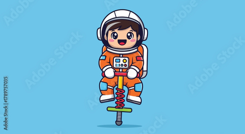 Astronaut Adventure Joyful Kid Riding a Pogo Stick in Space