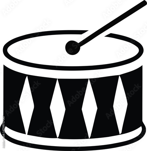 Iconic black and white illustration of a simple drum with a single drumstick resting on its top head, featuring decorative patterns along the side. this graphic represents rhythm and music