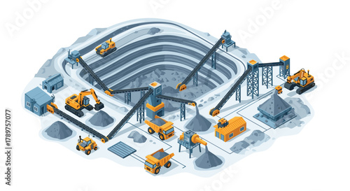 Dynamic open pit mine operation with excavators, trucks, and conveyor belts processing valuable minerals efficiently