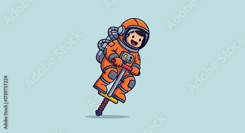 Playful Astronaut Bouncing on Pogo Stick in Space Suit, Enjoying a Whimsical Zero-Gravity Adventure with Joy and Excitement