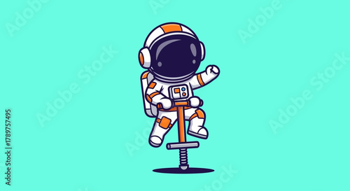 Playful astronaut bouncing on a pogo stick in zero gravity, exploring the fun side of space travel with a cheerful and energetic spirit
