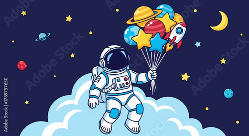 Whimsical astronaut exploring starry cosmos, holding colorful planet and rocket balloons, a delightful space adventure brimming with imagination