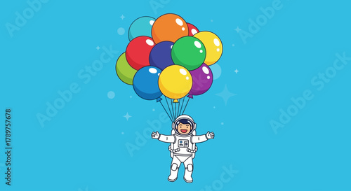 Astronaut floating up into the sky with a bunch of colorful balloons