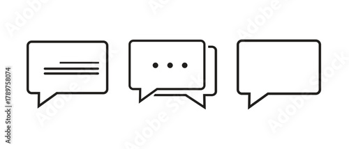 Chat bubble icon set, minimalist black outline message symbols with text and dots, perfect for communication apps, social media UI, website design, and conversation interfaces