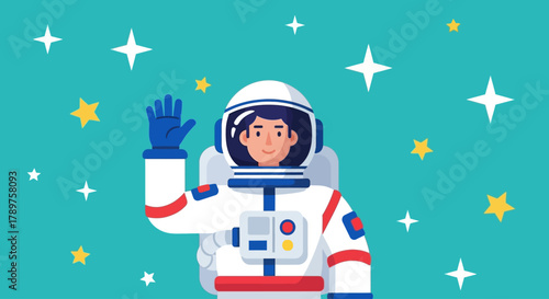 Astronaut Waving Hello in Space Surrounded by Stars