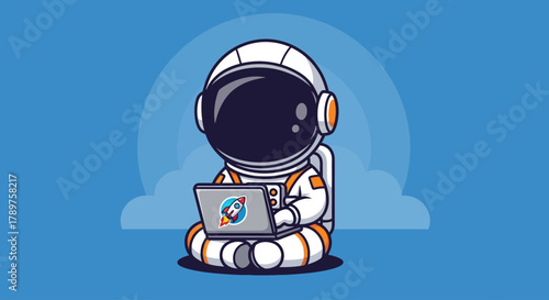 Charming illustration of a cartoon astronaut in a spacesuit diligently coding on a laptop, symbolizing remote work, technological exploration, and digital innovation in space