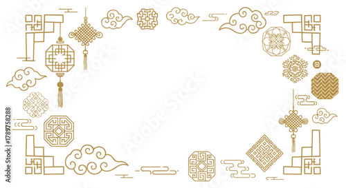 Elegant gold traditional Chinese decorative elements, lanterns, knots, and auspicious clouds frame for festive celebrations