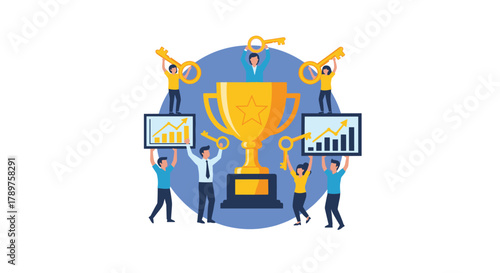 Team celebrates business success with golden trophy and growth charts, unlocking achievements with keys