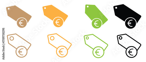 Euro price tag icon set in black, green, orange, and brown vector discount label and sale tag design for online stores, marketing, shopping, and business branding graphics