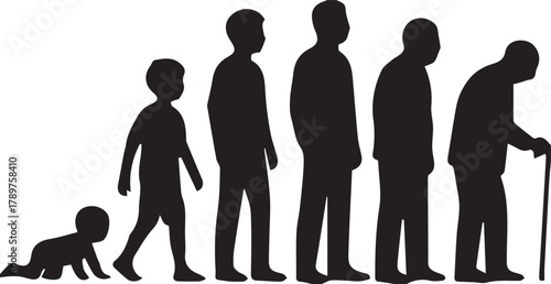 Black vector silhouettes illustrating the stages of human life, growth, and aging process timeline