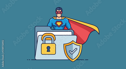 Comprehensive Digital Security Concept for Data Protection, Featuring a Padlock, Shield, and Superhero Guarding Confidential Files