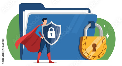 Superhero guarding a secure folder protected by a shield and padlock, symbolizing data security and protection