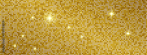 Disco ball background with texture and pattern for glitter and party. Sequin mirror wall shines bright with gold sparkle. Mosaic vector design.