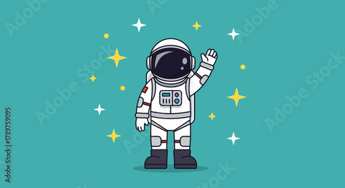 A cheerful cartoon astronaut in a white spacesuit waves a friendly greeting amidst sparkling golden stars, symbolizing space exploration and cosmic adventure with an imaginative spirit