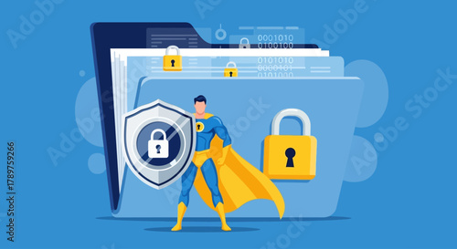 Robust data security and digital privacy protection concept featuring a superhero safeguarding important files from cyber threats