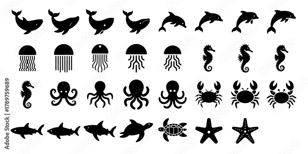 Naklejka premium sea life icon set marine animal silhouettes for ocean design. aquarium logotype template, nautical vector illustration