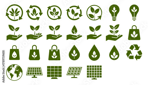 ecology green energy environmental icon set, sustainability plant leaf recycle nature symbol vector illustration. eco friendly recycling concept