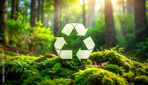 Recycling Symbol in a Lush Green Forest - Environmental Sustainability.