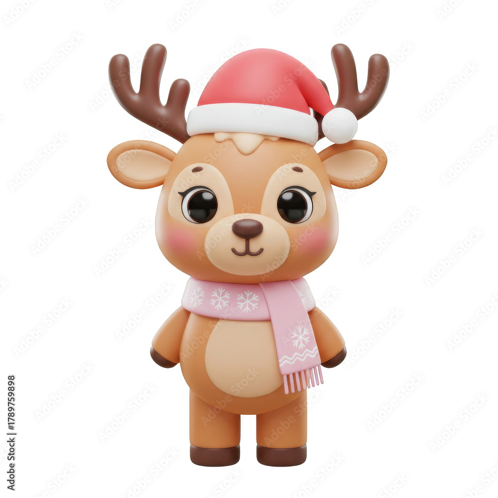 Fototapeta premium Cartoon Reindeer Wearing Pink Scarf And Red Hat on Transparent