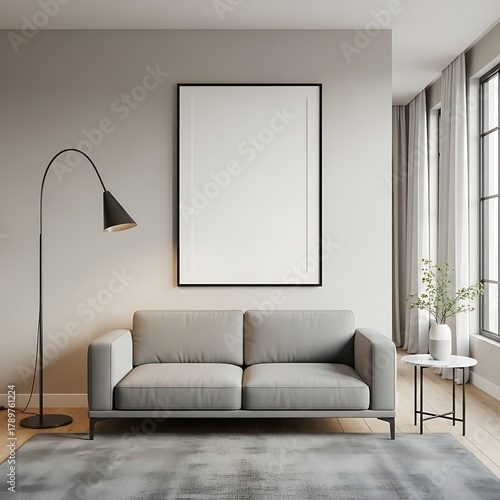 Modern living room with minimalist grey sofa, blank frame, and floor lamp