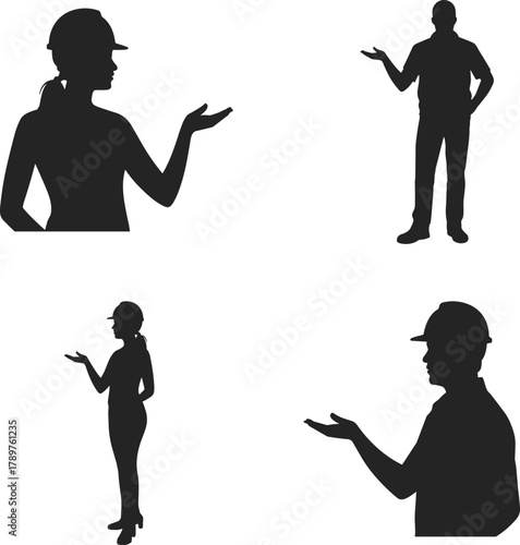 Silhouette workers, engineers, architects, male and female professionals, wearing safety helmets, presenting, teamwork, construction industry, business communication, 