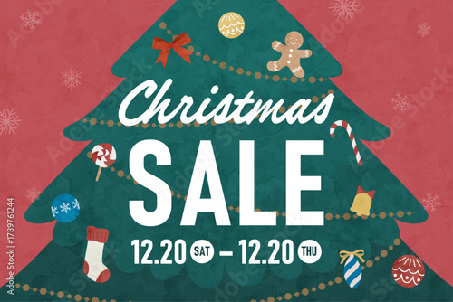 Watercolor Christmas Sale Poster with Holiday Tree and Decorations