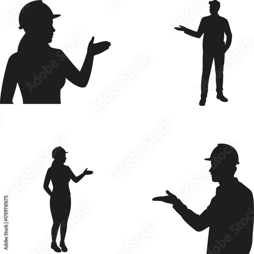 Silhouette, worker, hard hat, gesture, communication, industrial, safety, teamwork, instruction, construction, pose, black, isolated, people, professional, site, helmet, explain, standing, motion