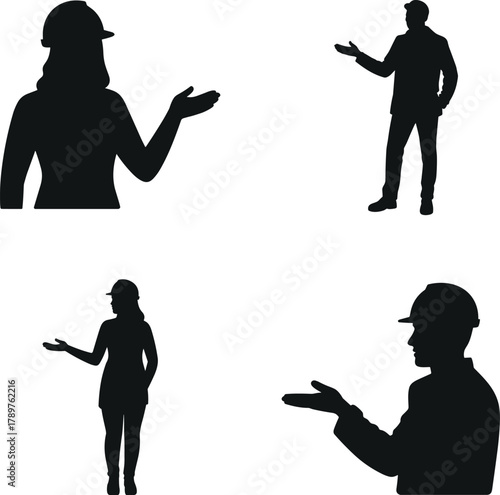Silhouette people, construction workers, engineers, architects, men and women presenting, safety helmets, teamwork concept, industry professionals, business communication, leadership illustration
