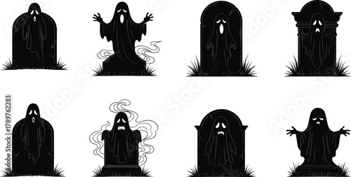 Ghosts Emerging from Gravestones, Black-and-White Supernatural Scene, Floating Spirits, Haunting Poses, Halloween Horror, Mist Trails, Cemetery, Fantasy, Eerie Mood