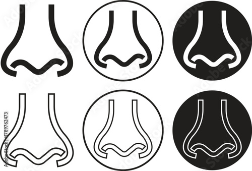 Human nose icons set flat and line medical, anatomy and cosmetic styles. Vectors illustration for healthcare, smell, respiration, allergy and beauty designs concept isolated on transparent background.