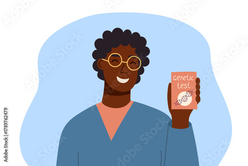 Vector flat illustration of male person holding genetic test box. Concept of genetic research, ancestry testing, personalized medicine and modern biotechnology. 