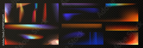 Film leak light effect with flare overlay on transparent background. Vintage photo filter set - rainbow grain spectrum, orange glow, blue and red colors for old retro photography aesthetics.