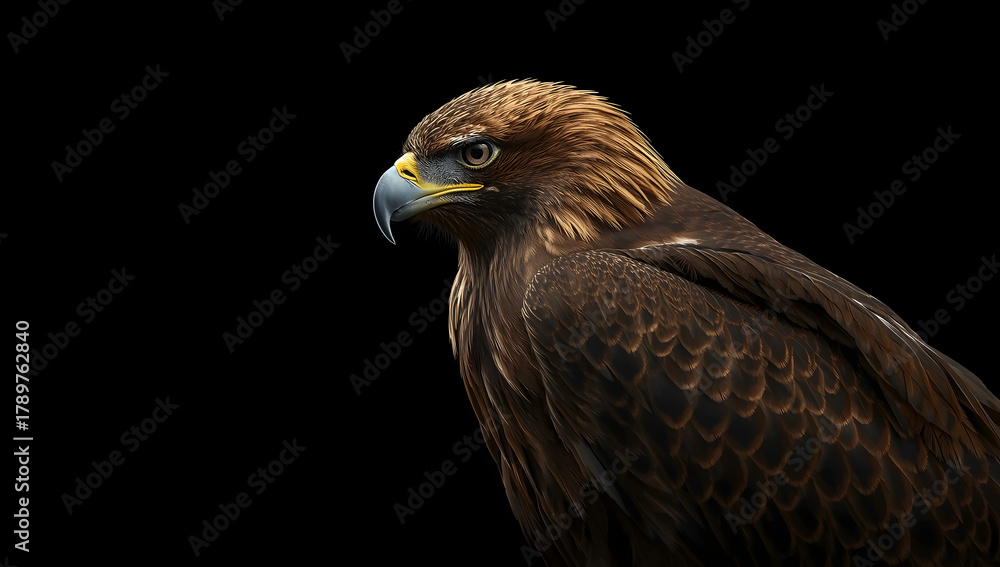 Obraz premium Majestic eagle in sharp side profile with powerful beak and talons, symbol of strength and freedom, isolated on dark background