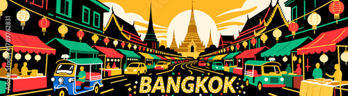 Cityscape of Bangkok in vibrant illustration style