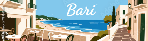 Seaside cafe illustration with blue sky