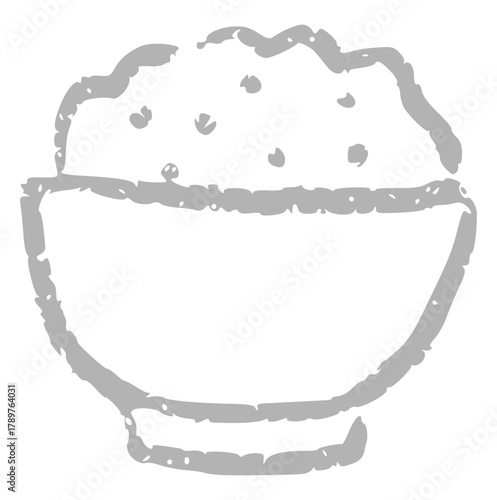 drawn minimalist monochrome rice bowl sketch, simple gray line art illustration, Asian food, staple meal, charcoal effect, traditional serving, quick search friendly
