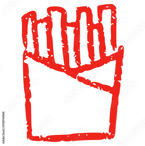French Fry Box Stamp Icon, Grunge Style Hand-Drawn Fast Food Illustration, Rough Textured Sketch, Simple Potato Snack Side Dish Restaurant Menu Design Element
