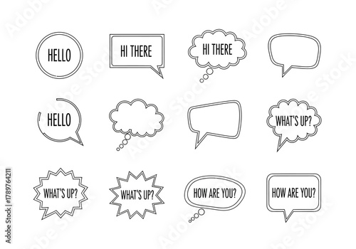 Speech Bubbles with Greetings: Hello Hi There Whats Up How Are You.