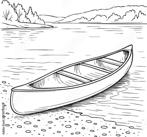 Canoe on calm lake shoreline scene
